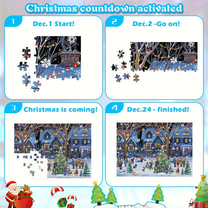 PLANOVA Adventskalender met een kerstthema, laat de countdown zien voor de dagen tot kerst. De afbeeldingen tonen de voortgang van het puzzelstukje dagelijks van 1 december tot 24 december, met een afbeelding van een kerst dorp en feestelijke decoraties.
