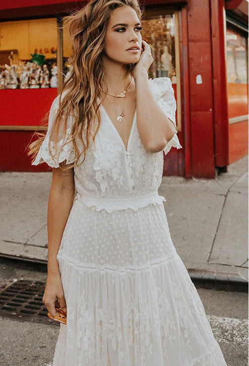 Witte Kanten Jurk Elegante Vrouwelijke Zomerjurk