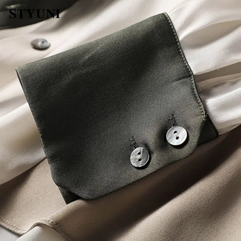 Patchwork Silk Turn-Down Collar Blouse - Elegance Essentials