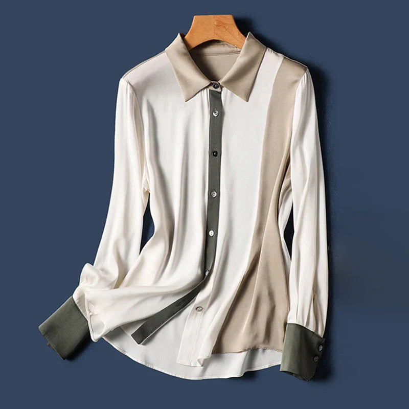 Patchwork Silk Turn-Down Collar Blouse - Elegance Essentials