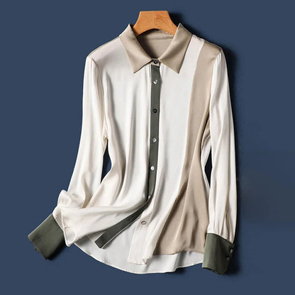 Patchwork Silk Turn-Down Collar Blouse - Elegance Essentials