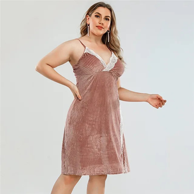 Comfortabele Ribgebreide Kant Mini Nachthemd voor Curve Vrouwen