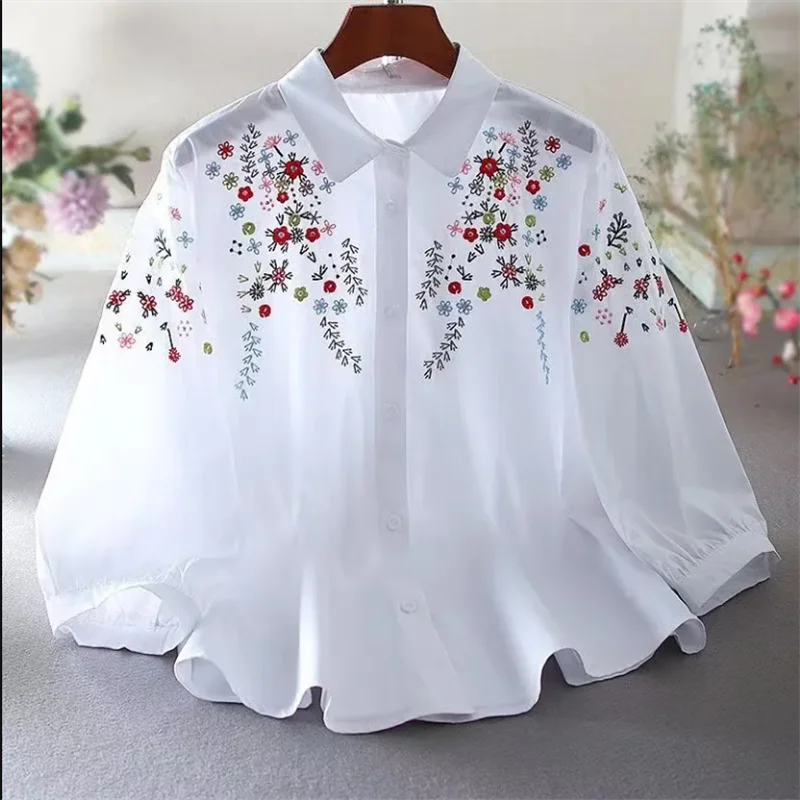 Pure Katoenen Blouse met Geborduurde Bloemen