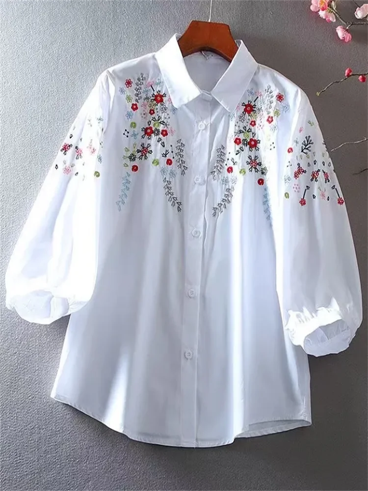 Pure Katoenen Blouse met Geborduurde Bloemen