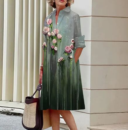 Jurk met Bloemenpatroon Gekreukt Elegant Designer Model