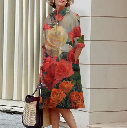 Jurk met Bloemenpatroon Gekreukt Elegant Designer Model