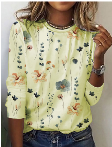 Dames Gebreid Shirt Bloemenpatroon Ronde Hals
