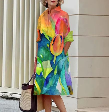 Jurk met Bloemenpatroon Gekreukt Elegant Designer Model