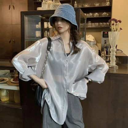 Stijlvolle Glimlach Satijnen Oversized Blouse voor Vrouwen