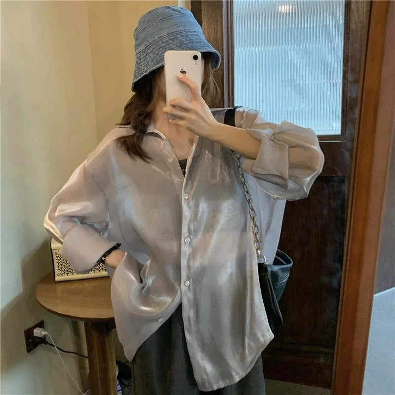 Stijlvolle Glimlach Satijnen Oversized Blouse voor Vrouwen
