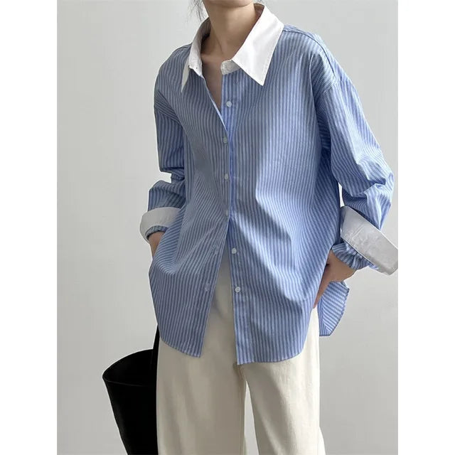 Stijlvolle Oversized Gestreepte Blouse - Koreaanse Mode voor Dames