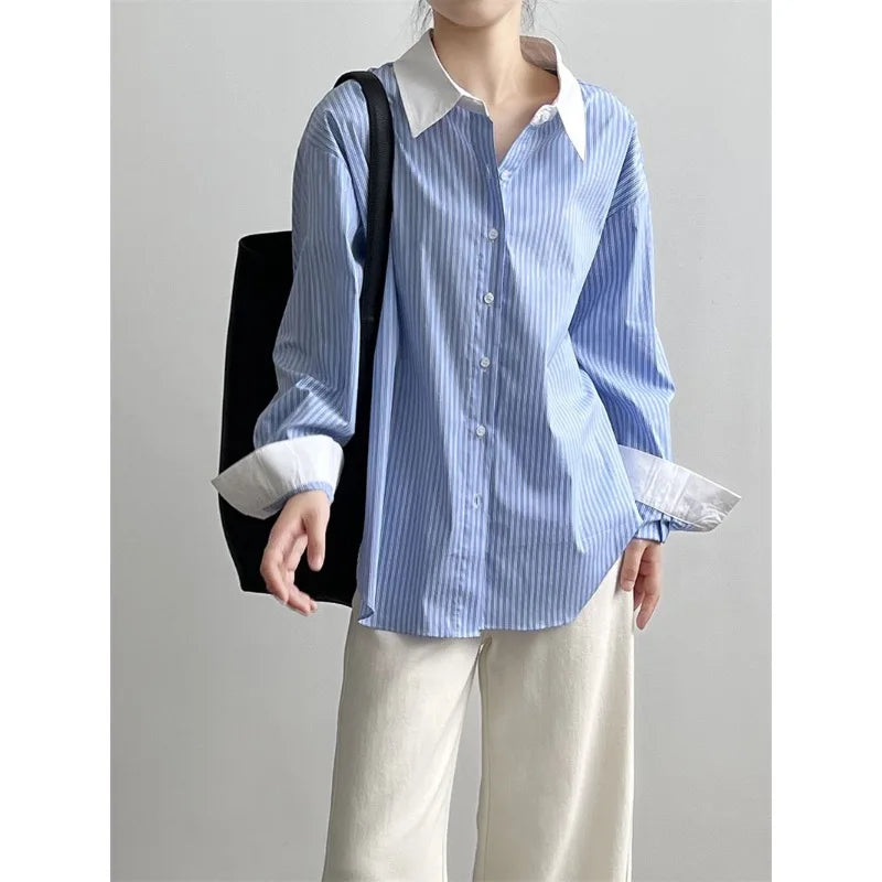 Stijlvolle Oversized Gestreepte Blouse - Koreaanse Mode voor Dames
