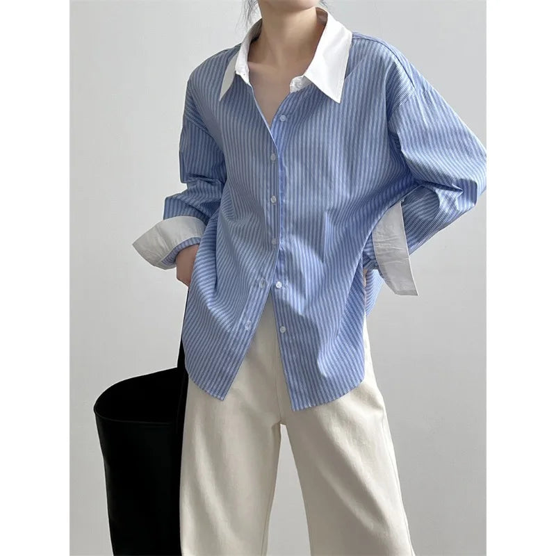Stijlvolle Oversized Gestreepte Blouse - Koreaanse Mode voor Dames