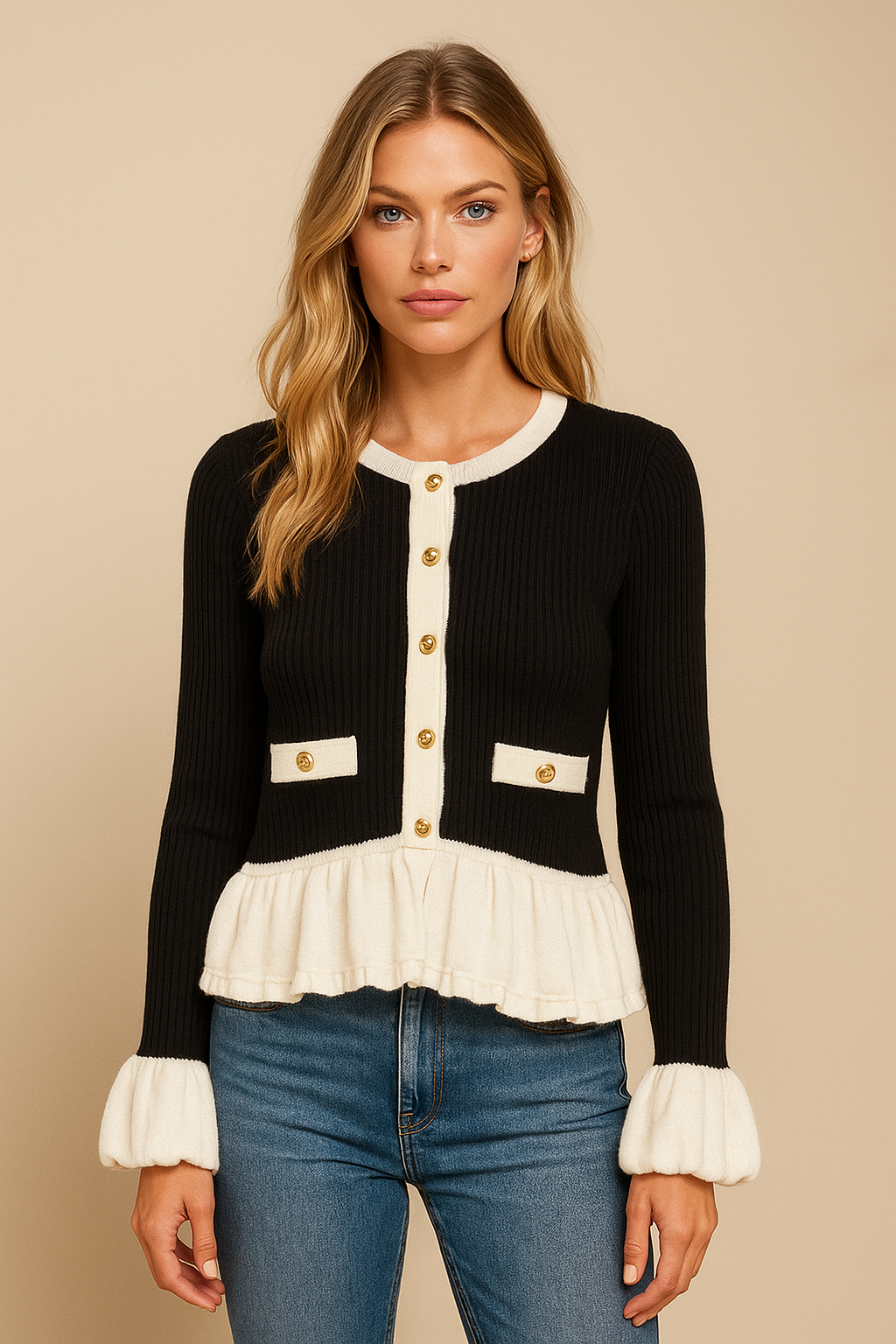 Dames Gebreid Vest Parijs Look met Volant en Knopen - Mode Vibes
