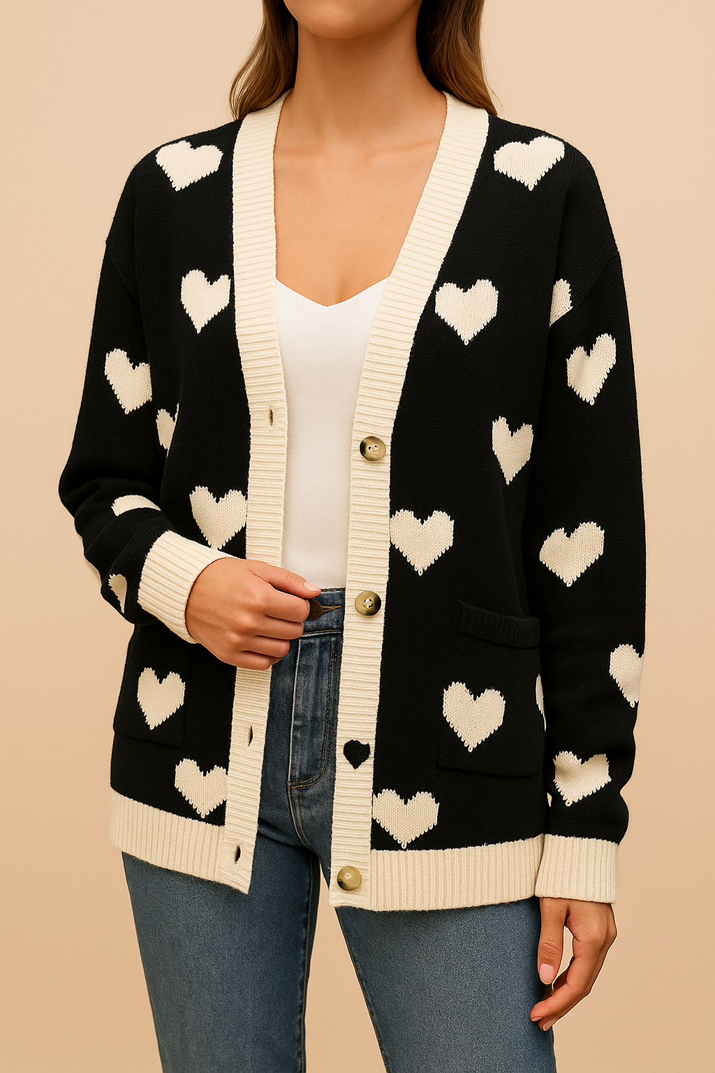 Dames Gebreide Vest met Hartjes en Contrasterend Detail - Mode Vibes