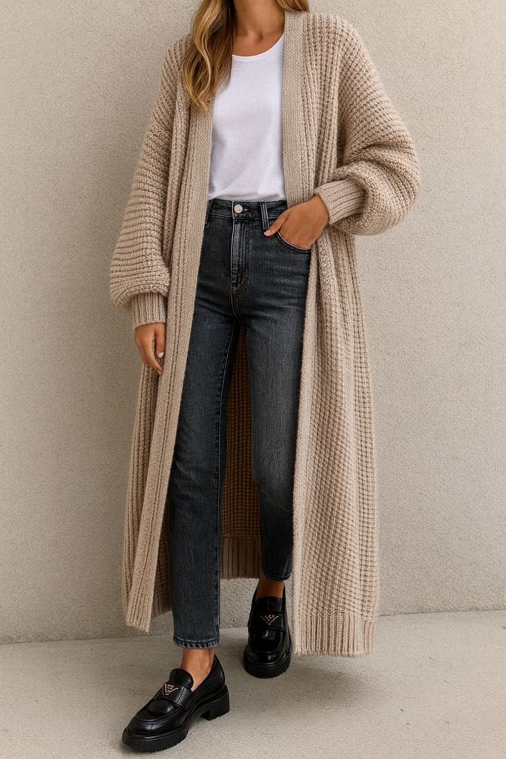 Dames Gebreid Vest met Pofmouwen Elegante Lang Model - Mode Vibes