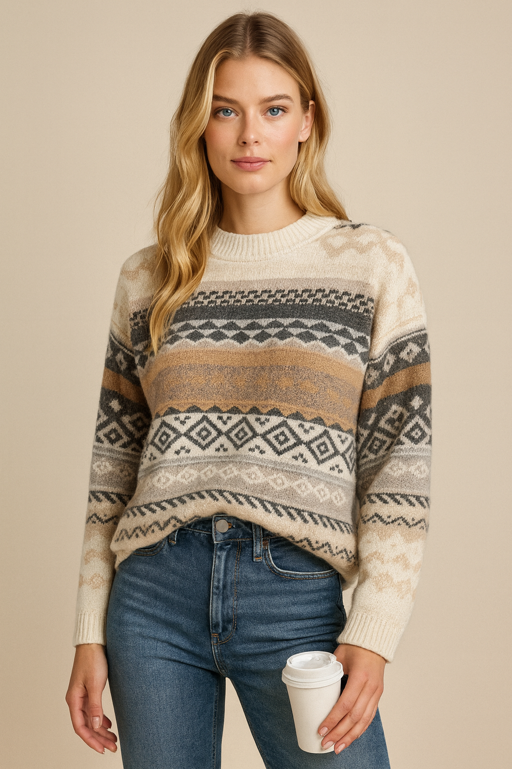Dames Trui Warm Gebreid Aztec Print Rensy - Mode Vibes