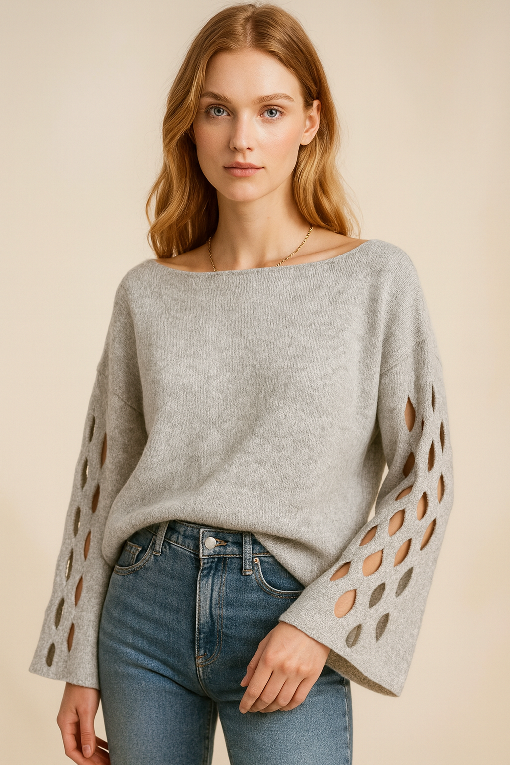 Dames Hals Sweater met Opengewerkte Mouwen Trendy Elegance - Mode Vibes