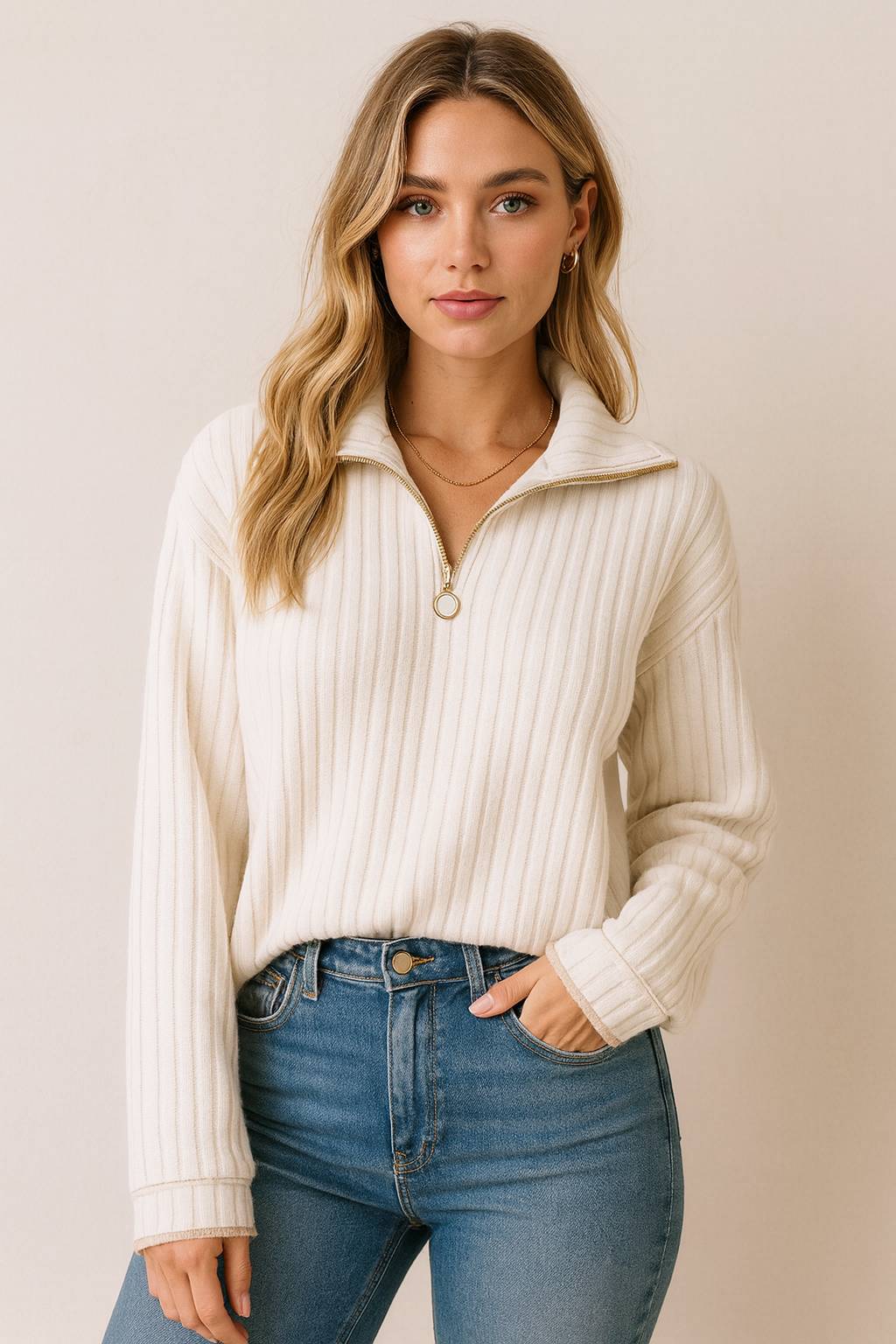Dames Warme Rib Top met Lange Mouwen en Rits - Mode Vibes