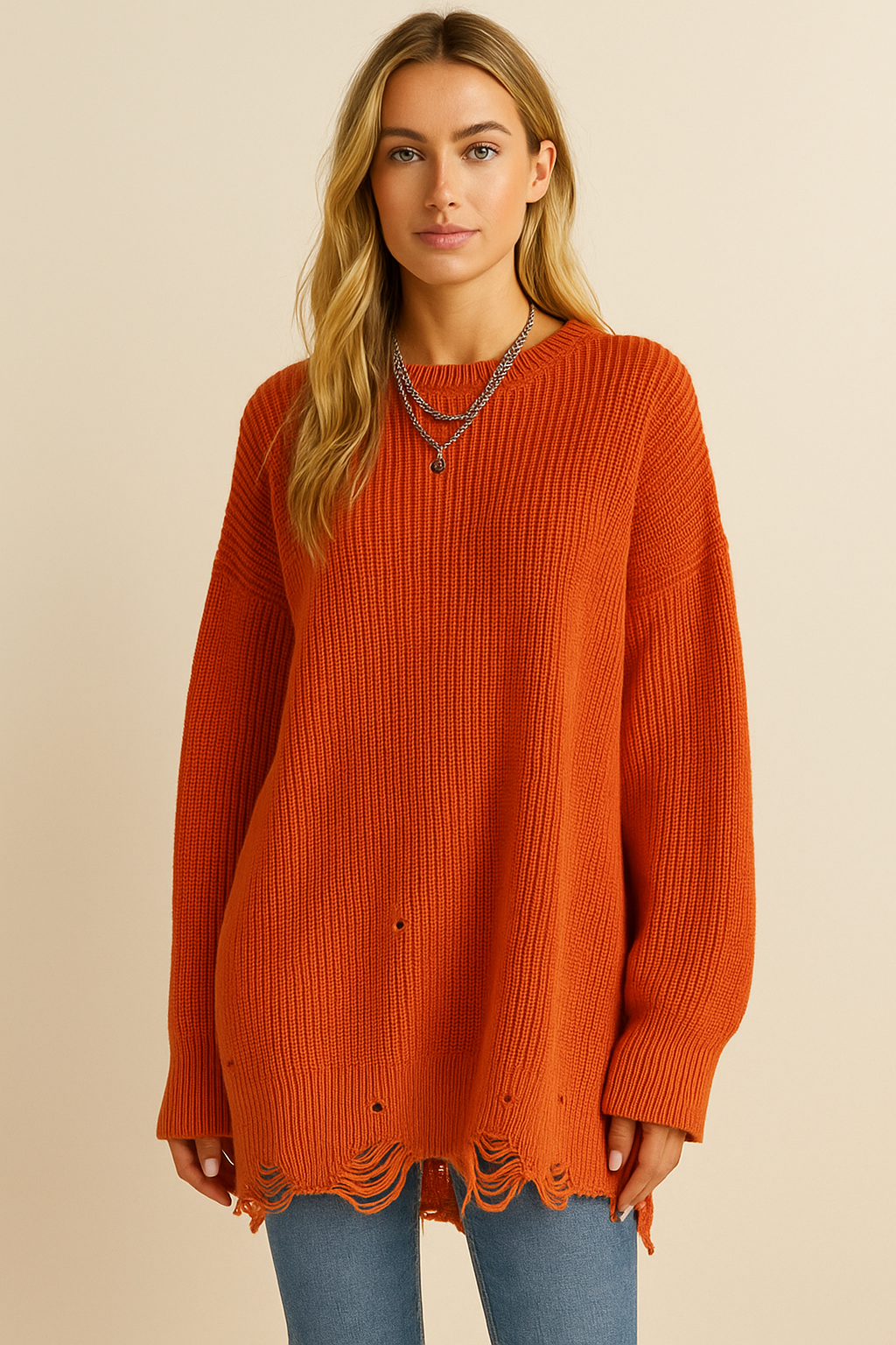 Dames Oversized Trui Ronde Hals met Destroyed Details Modieus - Mode Vibes