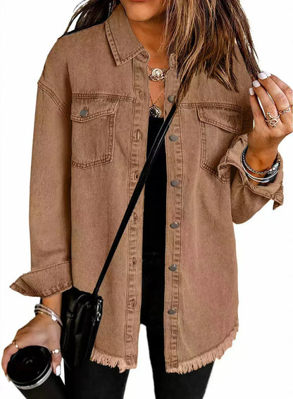 Dames Blouse Klassiek Denim Met Zakken Heather