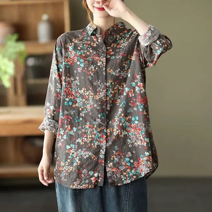 Retro Bloemenprint Shirt met Katoen en Linnen