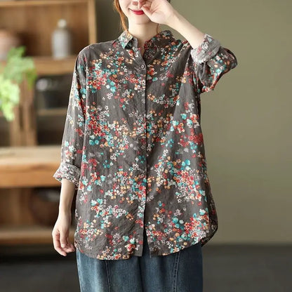 Retro Bloemenprint Shirt met Katoen en Linnen