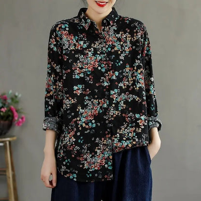Retro Bloemenprint Shirt met Katoen en Linnen