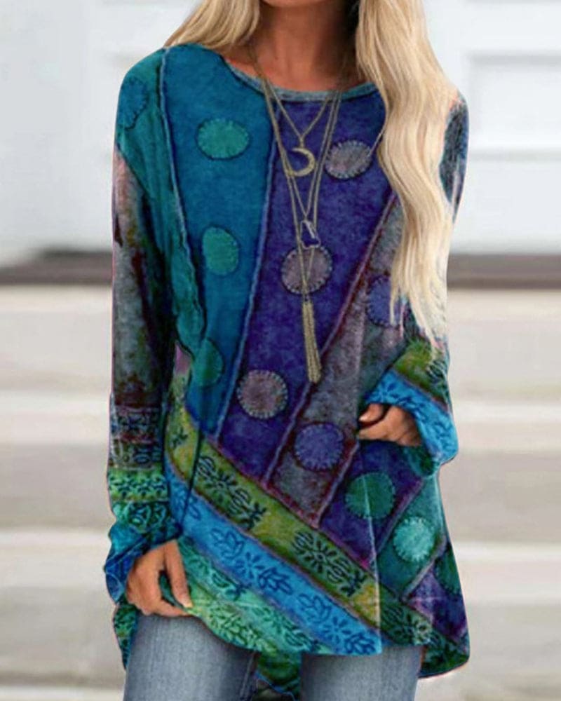 Stijlvol en artistiek Retro topje Topje (Vintage) Comfortabel in levendige blauw- en groentinten met een speels patchworkdesign. De losse pasvorm en zachte stof bieden ultiem draagcomfort, terwijl de subtiele patronen en ronde hals zorgen voor een unieke vintage uitstraling. Perfect voor een casual en trendy look.