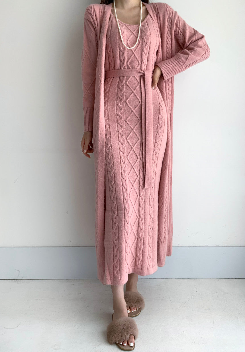 Warme Gebreide Winterjurk met Vest 2-Delige Set