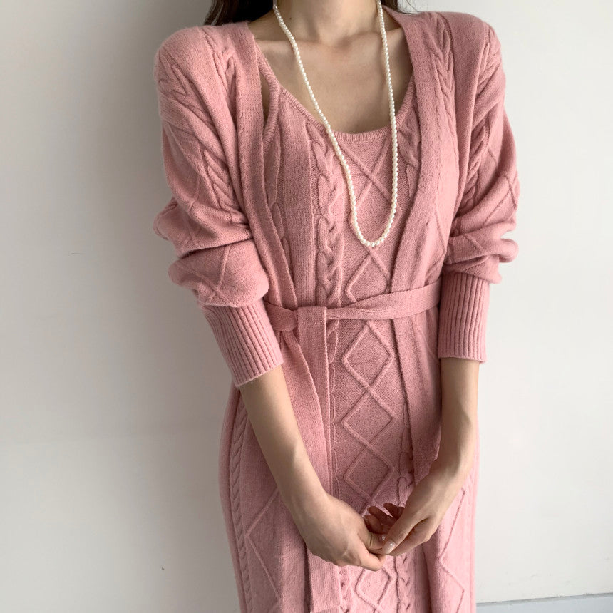 Warme Gebreide Winterjurk met Vest 2-Delige Set