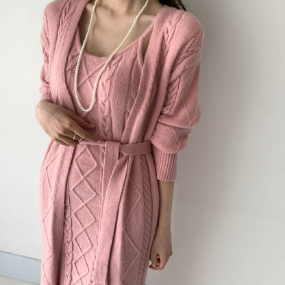 Warme Gebreide Winterjurk met Vest 2-Delige Set
