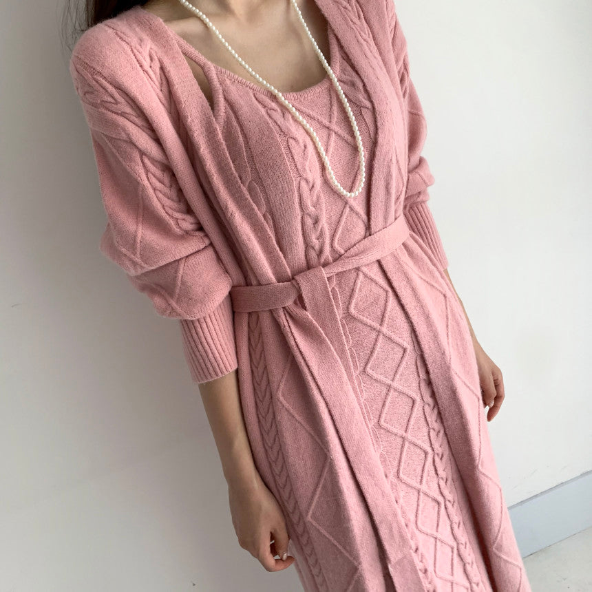 Warme Gebreide Winterjurk met Vest 2-Delige Set