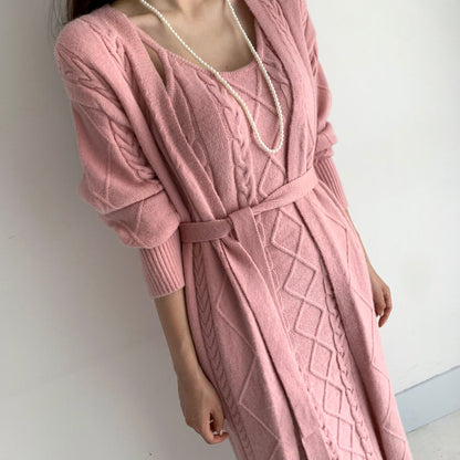 Warme Gebreide Winterjurk met Vest 2-Delige Set