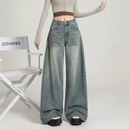 Dames High Waist Jeans Grijze Wide Leg Spijkerbroek Stoere Look