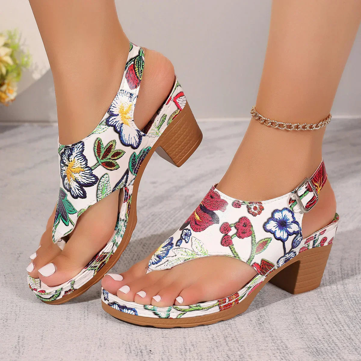 Dames Sandalen Bloemenpatroon Blokhak Yasmina