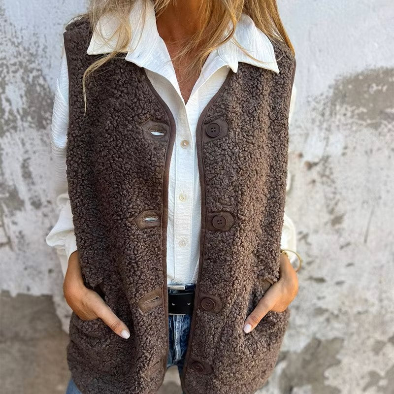Dames Fleece Vest met Knopen en Zakken – Warm & Stijlvol voor de Herfst