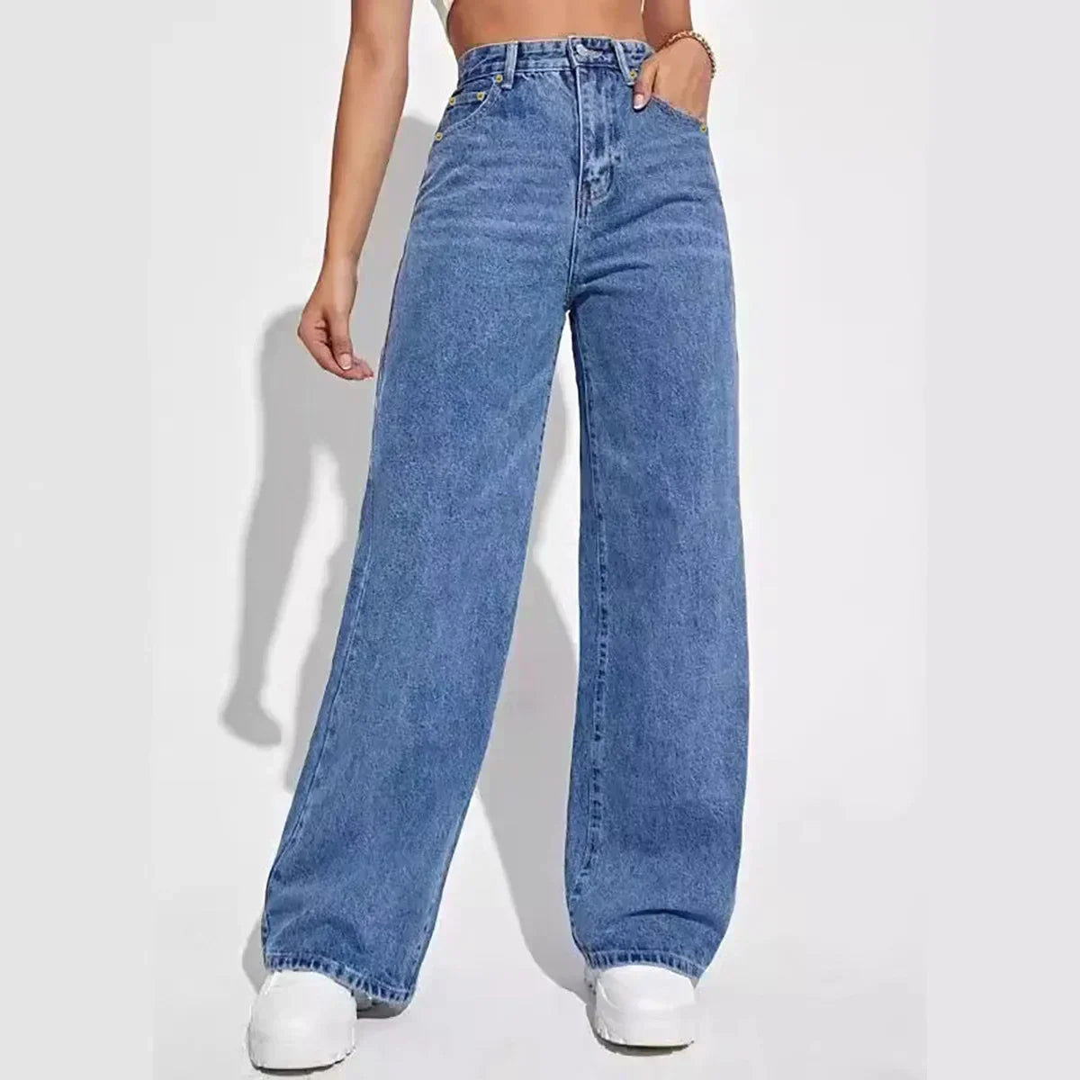 Hoge Taille Rechte Spijkerbroek Dames Wide Leg Jeans