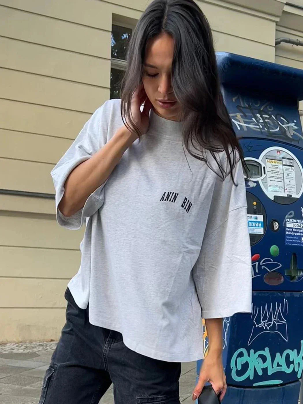 Dames T-Shirt Oversized Grijs met Logo
