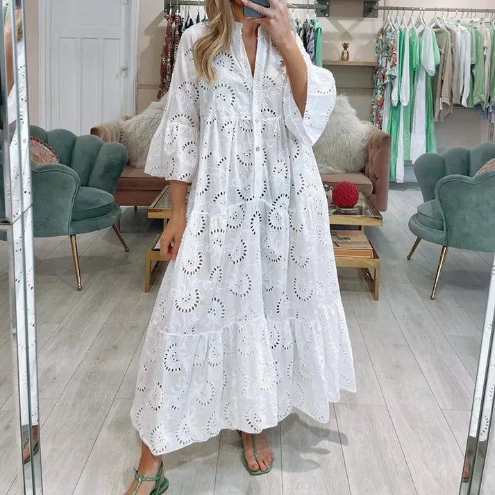 Jurk met Geborduurde Oogjes Elegante Vrouwelijke Zomerjurk