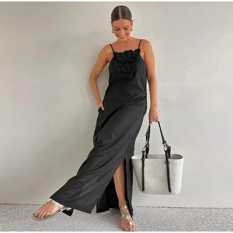 Linnen Maxi Jurk met Split en Zakken Bloemenprint - Mode Vibes