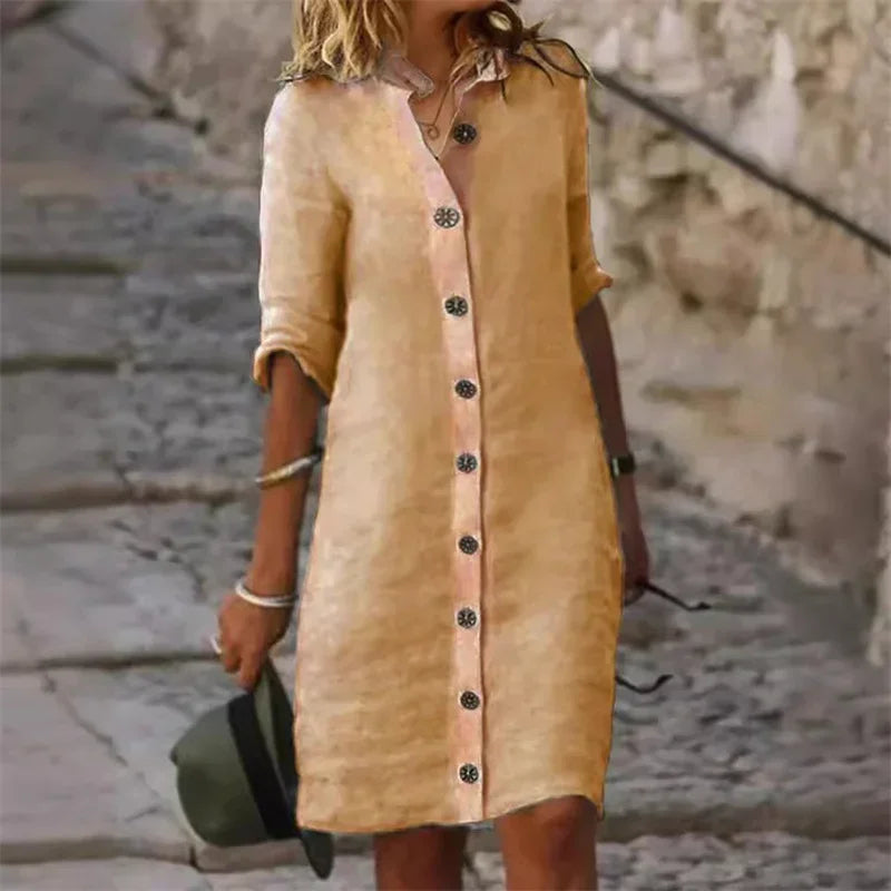 VELANORA Khaki Button Blouse Jurk