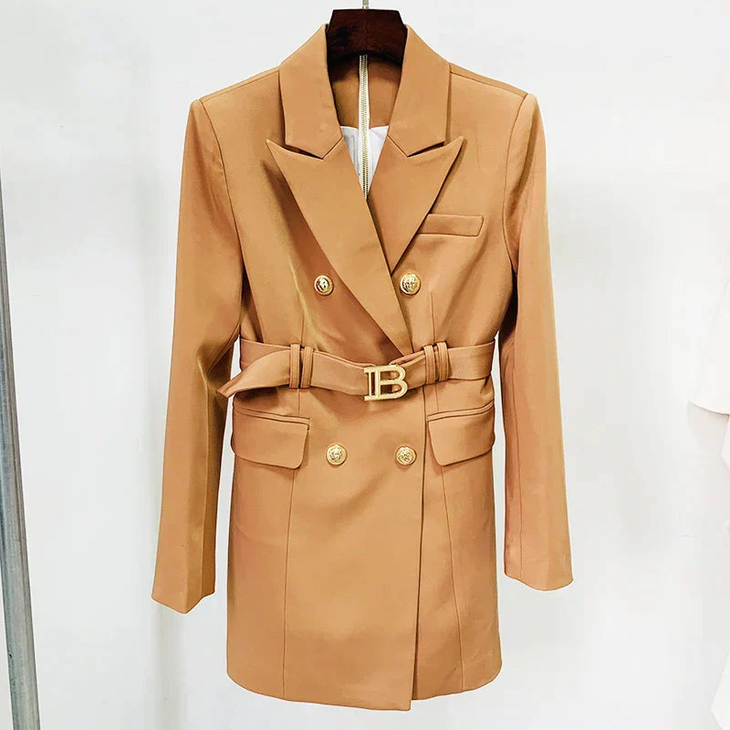 Blazerjurk Double-Breasted Met Riem Elegant Dame Jurk