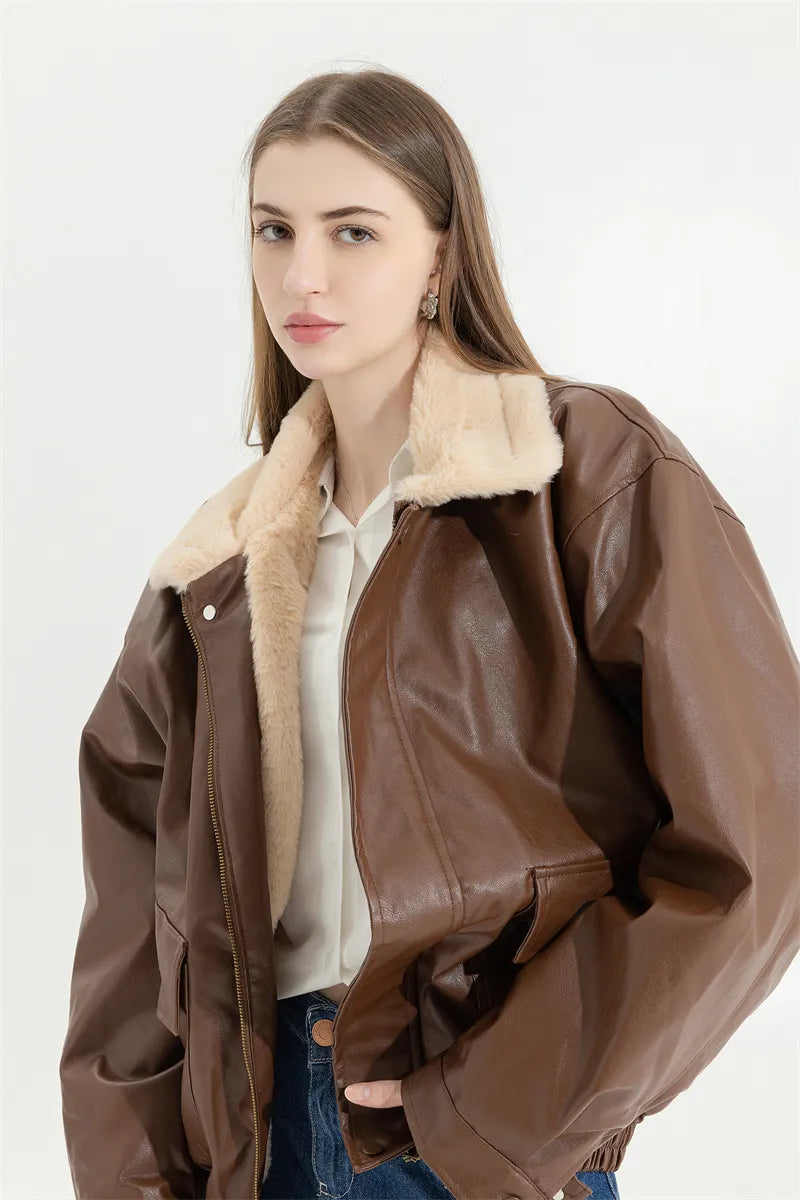 Leren Winterjas Vintage Stijlvol voor Vrouw