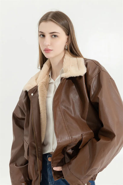 Leren Winterjas Vintage Stijlvol voor Vrouw