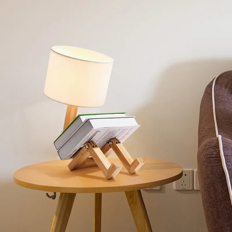 Houten Tafellamp met Boekenrek en Dimbare Verlichting