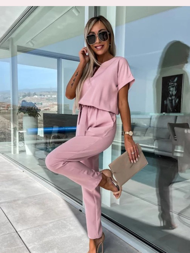 Dames Jumpsuit Korte Mouwen met Ceintuur Elegant