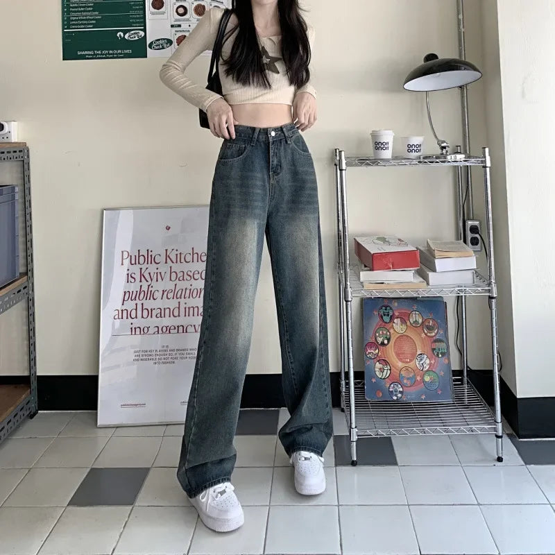 Hoge Taille Wide Leg Jeans Dames Retro Stijl