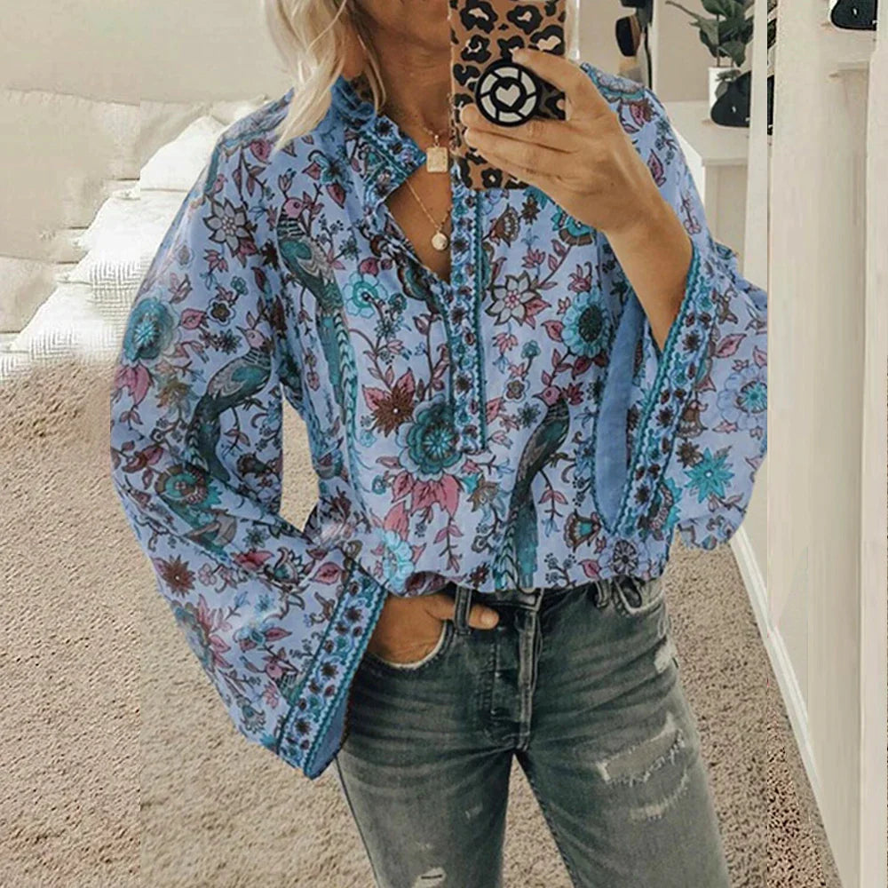 Vrouwelijke Bloes met Boho Bloemenprint