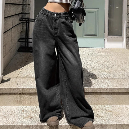 Hoge Taille Dames Jeans Breed Been Zwart Blauw - Mode Vibes